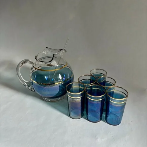 Vintage Iridescent Macbeth Evans Corning Upright Ball Pitcher & Glasses Set - Picture 9 of 14